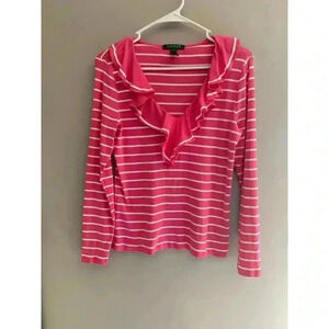Lauren Ralph Lauren Long-Sleeved Pink and White Striped Ruffled V-Neck Shirt